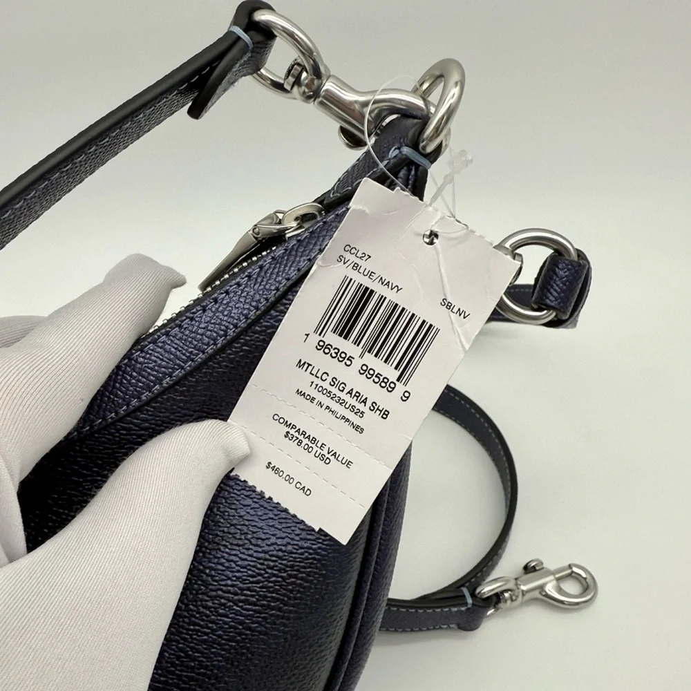 Coach Aria Shoulder Bag In Signature Canvas Silver Blue Navy - Picture 10 of 11